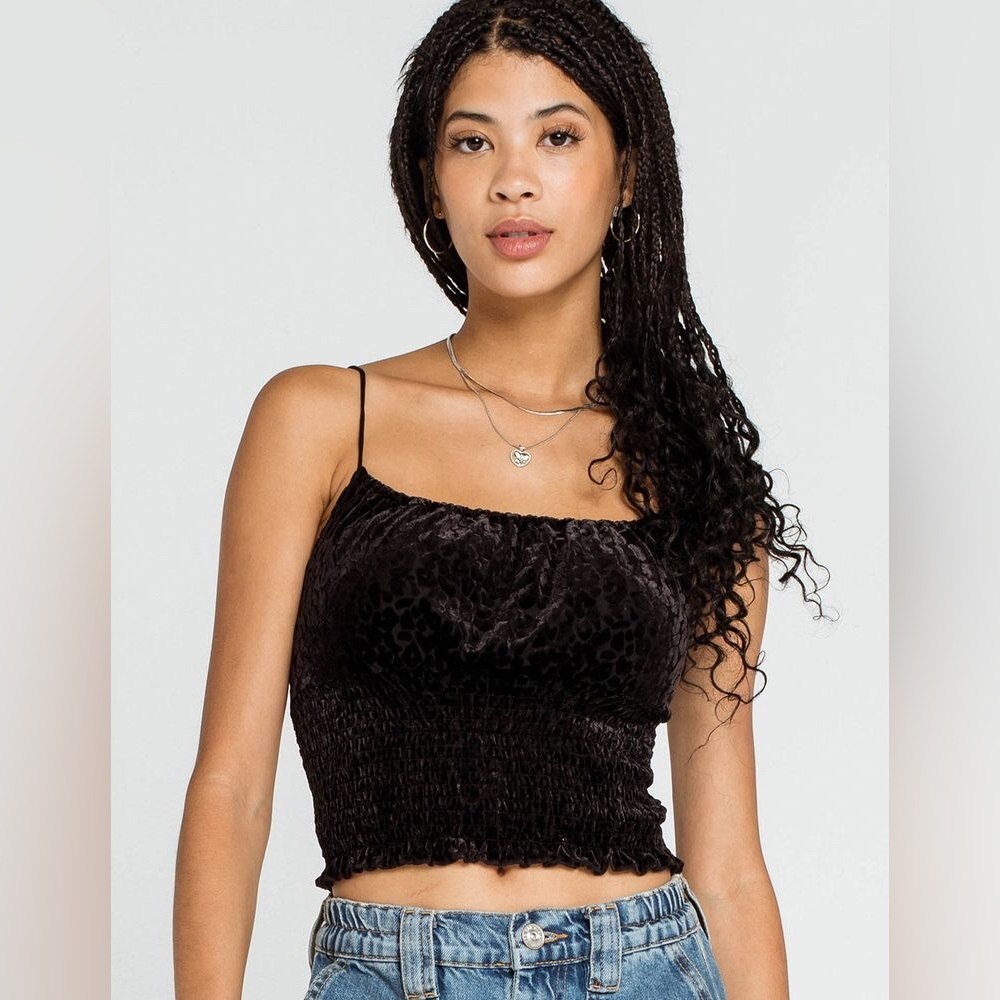 West of Melrose Black Cropped Top Size L Animal Print Velour